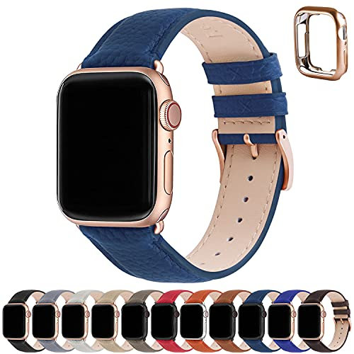 Fullmosa Cinturino Apple Watch 41mm/40mm/38mm, LichiBosin Cinturini in Pelle per Apple Watch Serie 9 8 7 6 5 4 3 2 1, iWatch, Apple watch SE/SE 2, Per Uomo e Donna, Blu Scuro + Fibbia Oro Rosa