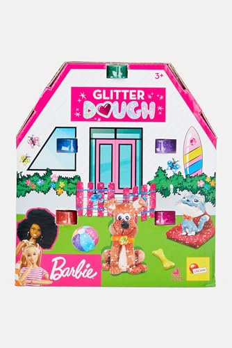 Lisciani - Barbie Pâte à modeler avec paillettes - 5 Pots en forme de cœur - Loisirs Créatifs - Moules Inclus - Pour les Filles à partir de 3 ans