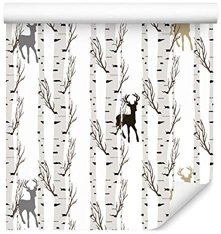Muralo Selbstklebende Tapeten Rollen Tiere Natur Waldtiere Hirsche Wald Bäume Birken Stämme Pflanzen 1000 x 50cm Wandtapete für Kinderzimmer Spielzimmer