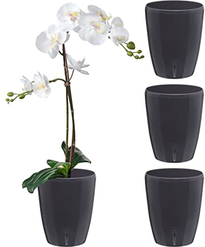 Santino Juego de 4 Macetas para Orquídeas Ø 12cm Macetas Autorriego con Sistema de Mecha e Indicador de Nivel de Agua para Interior (Ø 12cm - 1,3L - Antracita)