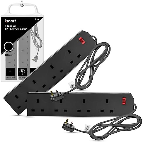 K-MART Heavy Duty Extension Lead UK Pin Plug and Cable, 4 Gang Way 2m Power Adapter, Multi Socket Mains Strip