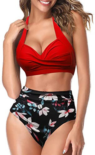 AOQUSSQOA Frauen Zweiteilige Tankini Badeanzüge High Waist Halfter Vintage Bikini Set Damen Bademode(Red, XXL)