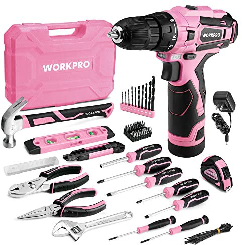 WORKPRO Pink Tool Set with Power Drill, 108PCS Portable Ladies Pink Drill Kit for Home with Toolbox including Pink Hammer, 1.5 Ah Cordless Hand Drills with Keyless Chuck and Variable Speed Trigger