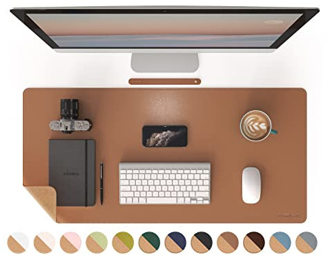 RENMTURE Doppelseitige Schreibtischunterlage, Naturkork und PU-Leder, große Mauspads für Büro und Heimarbeit, Schreibtischschutz, rutschfest, wasserdicht, leicht zu reinigen (Braun, 90 x 43 cm)