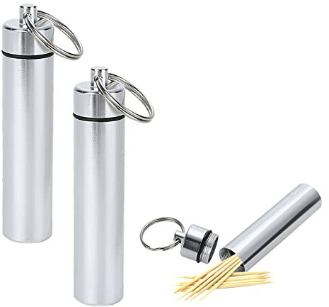 Porta Stuzzicadenti en Métal, Caso Stuzzicadenti, Tubo Stuzzicadenti, Portable Tascabile Toothpick Storage Box Toothpick Pocket with Keychain, per Outdoor, Picnic, Campeggio, Escursioni, 2 Pack