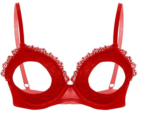 Jowowha Women's Sexy Lace Bra Nipple Open Bralette Half Cups Unlined Underwire Balconette Sheer Tops Red A L