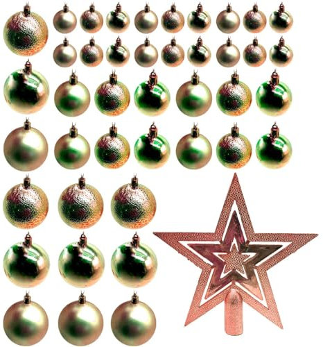 Tradineur - Set de 42 Bolas de Navidad de Color Dorado con tamaños y diseños Surtidos y 1 Estrella en Dorado, Ideal para completar el arbol navideño. Set para Decoracion navideña.