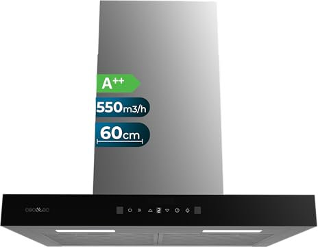 Cecotec Campana Extractora 60 cm Tipo T Bolero Flux TT 605500 Glass Black A++. 70W, Frontal Cristal Negro, Bajo Consumo, Succión 550m3/h, Control Táctil, 3 Niveles, Booster, Luz LED, Filtro Carbono