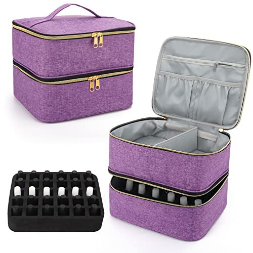 Nail Polish Organiser Makeup Bag: Double-Layer Nail Varnish Storage Holds 30 Bottles(15ml-0.5fl.oz) and A Nail Lamp - Travel Nail Polish Storage Vanity Case (Bag Only) (Purple)