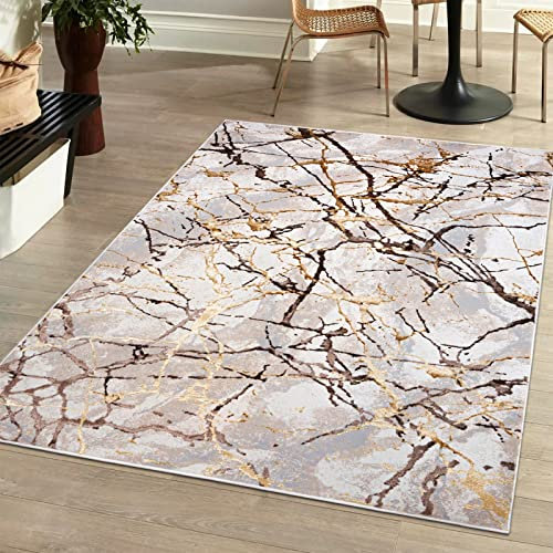 Mazovia Modern Teppich Wohnzimmer, Kurzflor elegant glänzender - Abstrakt Marmor Design - Wohnzimmerteppich in Beige Creme mit Gold 80 x 150 cm
