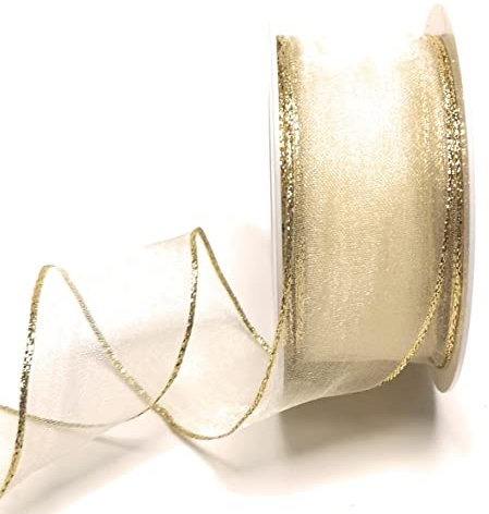 s.dekoda Schleifenband Organza 25m x 40mm Creme - Gold Organzaband mit Drahteinlagen [1519]