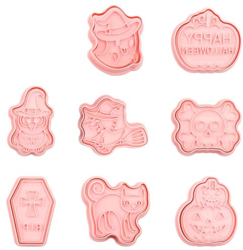 GLADFRESIT Lot de 8 emporte-pièces en plastique pour décoration de gâteaux Motif citrouille, fantôme, pierre tombale, crâne, hibou, sorcière, chat