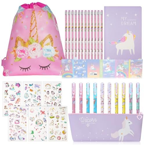 OFFCUP Einhorn Schreibwaren Geschenk Set, Einhorn Stifte Set, Inklusive Kordel Lagerung Taschen, 1 Bleistifttasche, 12 Bleistift, 10 Gelschreiber, 1 Federmäppchen, 6 Aufkleber, 1 großes Buch