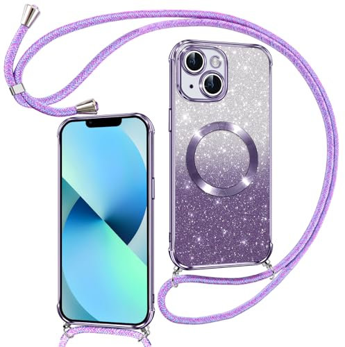 Phoona Handyband Hülle für iPhone 13 mit Band [kompatibel mit MagSafe], Luxuriöse Glitzer Beschichtung Magnetische Handyhülle für iPhone 13 Silikon TPU Stoßfest Schutzhülle, Lila