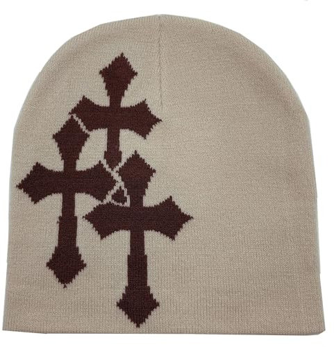 Y2K Strickmütze, Kreuzgrafik, für Herren und Damen, Jacquard-Mütze, Punk, einfarbig, Outdoor-Sport, Trend Beanie, Beige-kaffeefarben, Einheitsgröße