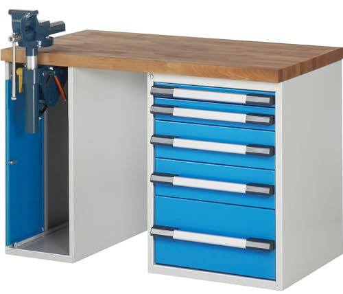 eurokraft | Werkbank | Baukastensystem Serie 7000 | 5 Schubladen | 1 Schraubstock linksseitig | BxT 1250 x 700 mm