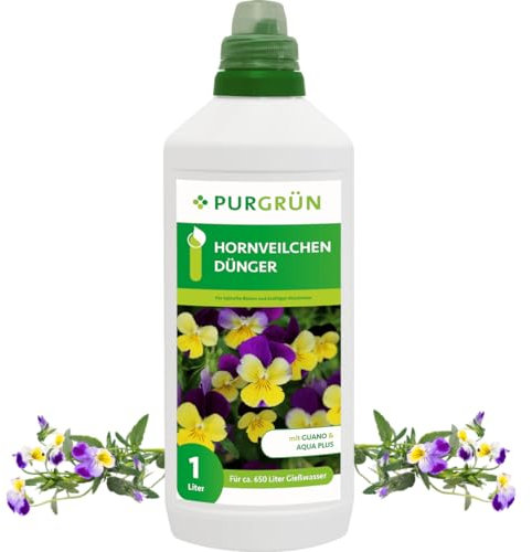 Purgrün® Hornveilchen-Dünger | Organisch-mineralische Rezeptur | Premium-Flüssigdünger mit Spurennährstoffen | NPK 8+8+6 | Mit Guano & Aqua Plus | Für farbenfrohe Blüten | 1 Liter