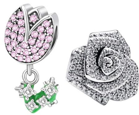 NUNUYAYA Damen Charm Anhänger für Armband 925 Sterling Silber Pink Sparkling Rose in Bloom Oversized Dangle Beads passend Armband Halskette,Anhänger Europäischen Armbänder Frauen Mädchen 2-Stück/Paket