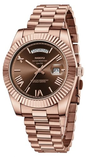 NIBOSI Orologio da polso da uomo, analogico, al quarzo, in acciaio inox, per uomo, impermeabile, business, casual, classico, con indicazione del giorno e della data, marrone rosa, Bracciale
