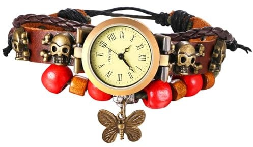 Silverora Armbanduhren Retro Leder Damenuhren: Vintage Mehrschichtige Geflochtene Totenkopf Analoge Quarz Uhren Damen PU Perlenarmband Uhr mit Schmetterling Geschenke für Frauen braun