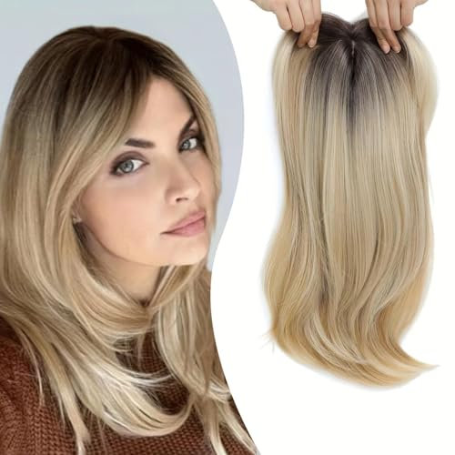 Hair Extensions Topper, Side Parted Hair Pieces for Women with Bangs 360° Cover, Pieces Wispy Hair Topper in Hair Extensions Mix Blonde for Women Daily Wear (Gradient Gold) Style 1