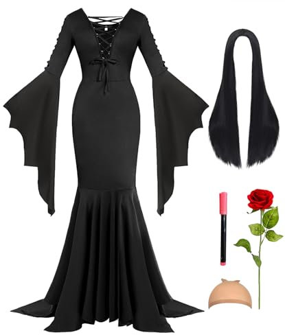 Geplaimir Costume d'Halloween pour femme - Robe longue gothique - Perruque noire avec casquette - Roses rouges artificielles - Costume de sorcière - Carnaval, fête, cosplay - G077XXL