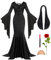 Geplaimir Halloween Kostüm für Damen Gothic Lang Kleid, Perücke Schwarze mit Wig Cap Künstliche Rote Rosen Hexenkostüm Karneval Party Cosplay G077XXL