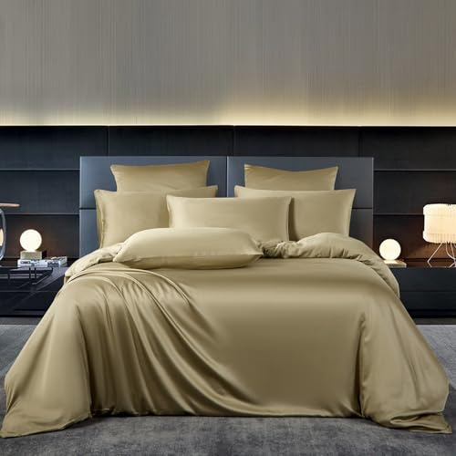 YASMENG Bambus Bettwäsche 135x200 Beige Uni Einfarbig 50% Bambus Lyocell Bettwäsche Kühlend Weich Atmungsaktiv Luxus Seidig Seide Bettbezug Set 2teilig mit Reißverschluss und 80x80 cm Kissenbezug