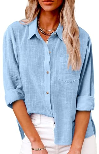 SHEKINI Camicia Lino Donna Camicetta da Donna Elegante Maniche Lunghe Cotone Blusa Maglietta Scollo a V Top Camicette Abbigliamento Donna Ufficio Casual