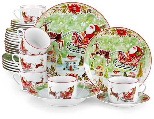 VEWEET, Série XMAS, 30-Pièce Service de Table de Noël pour 6 Personnes | Vaisselle en Porcelaine pour Fête de Noël | Assiette Plate/Dessert, Assiette Creuse, Tasse et Soucoupe | Va au Lave-vaisselle