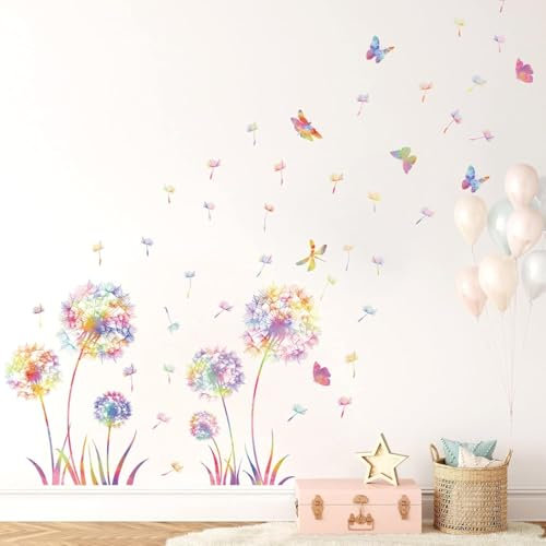 KAIRNE Größe Wandtattoo Pusteblume,Blumen Wandtattoo für Kinderzimmer Mädchen,Bunt Wandsticker Löwenzahn für Schlafzimmer,Pflanzen Blumen Wandaufkleber für Wohnzimmer Babyzimmer Fenster Tür Wanddeko