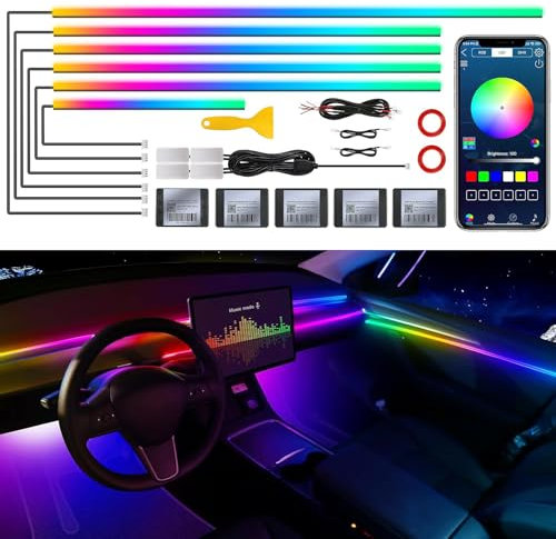 Acrylic Interior Car LED Strip Light with Wireless APP, RGB 10 in 1 with 175 inches 593 Neon Car Ambient Lighting Kits, Dynamic Chasing Music Sync LEDs Fiber Optic Strip Lights for Car