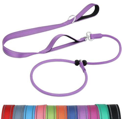 Joytale Doppelter Griff Retrieverleine mit Zugstopp, 1,8m Verhedderungsfreies Trainingsleine für Hunde, Reflektierend Führleine aus weichem Nylon für Kleine und Mittlere Hunde, Lila