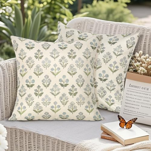 DEMIUKO 2er Set Outdoor Kissenbezug Wetterfest Sofakissen Dekokissen mit Herbst Blumen 45x45 cm Leinen Kissen Bezüge Vintage Blau Grün Kissenhülle Zierkissen für Garten Couch Wohnzimmer Boho Dekor