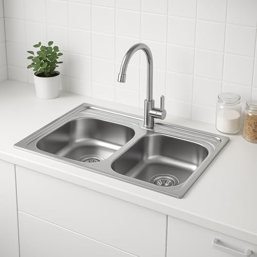 Melanstar Fregadero doble de acero inoxidable, 80 x 50 cm, con 2 cuencas, orificio para grifo y juego de sifón, fregadero cocina 2 senos fregadero dos senos kitchen sink (80x60cm)