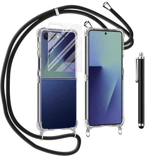 TTSWJBD Coque pour Samsung Galaxy Z Flip 7 avec Verre Trempé Protection écran Cordon de Collier Réglable Chaîne Antichoc Transparente Silicone Lanyard Case, Housse Étui de Protection - Noir