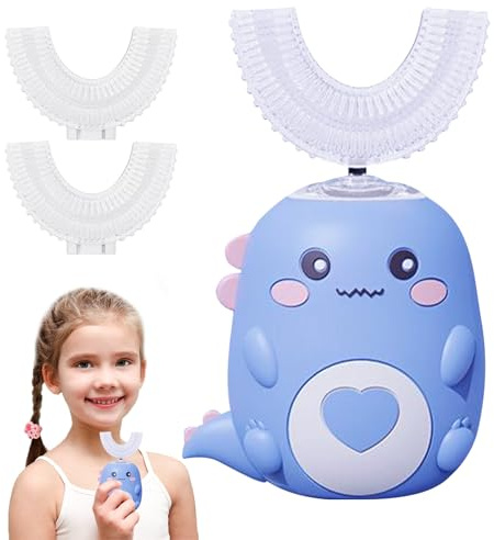Elektrische ZahnbüRste Kinder Mit 3 U-FöRmigen Silikon-BüRstenköPfen,Cartoon-Design, ZahnbüRste Baby,Automatische Zeitmessung,2 Geschwindigkeiten,Usb-Ladung,Dinosaurier-Design (Blau & 2-6 Jahre Alt)