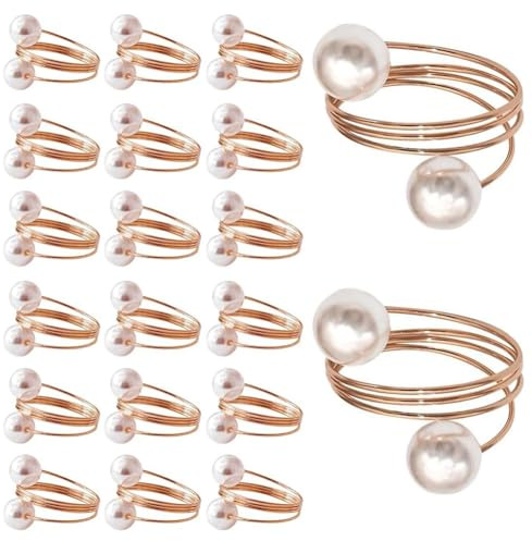 Sefdrert 20Pack Rose Gold Napkin Rings, Pearl Napkin Ring Set, Metal Spring Napkin Holder Table Decorations, Napkin Ring Buckles Easy Install