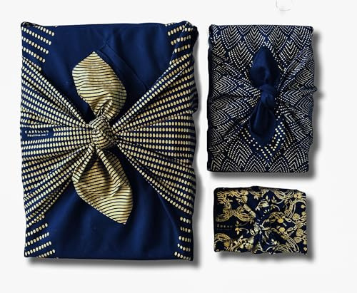 Set mit 3 Stück wiederverwendbare Geschenkpapierverpackungen aus recyceltem Baumwollstoff Furoshiki ökologisch Carédeau Familienpackung 'Gloire' in Mitternachtsblau Größe S, M und L Französische