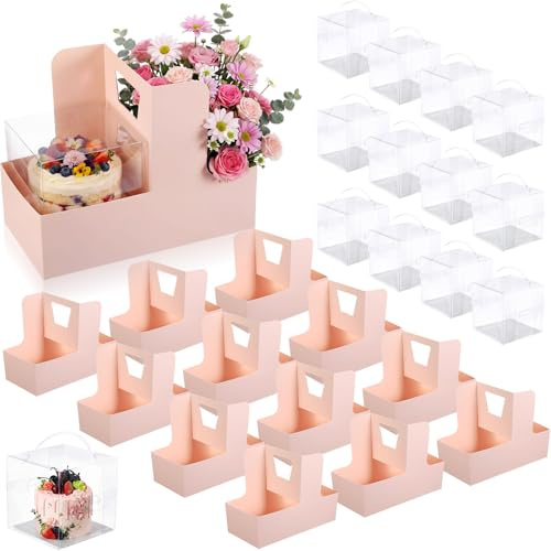 Qinyoung 12 Sets Kuchenblumen-Geschenkboxen mit 12 Stück transparenten PVC-Kuchenboxen Valentinstag rosa Blumenbox für Muttertag, Hochzeit, Geburtstagsfeier