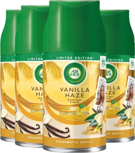Air Wick Freshmatic Auto Spray Refill, Vanilla Haze, 4 x 250ml | Freshmatic automatic air freshener refill with 24/7 odour stop technology; up to 280 days of fragrance, no wet spray