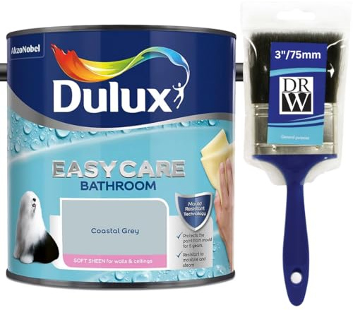 Coastal Grey Dulux Easycare Bathroom Soft Sheen Paint 2.5L + 3 Emulsion Paint Brush– Moisture & Steam Resistant, Mould Protection, Washable Durable Finish for Bathroom Walls & Ceilings