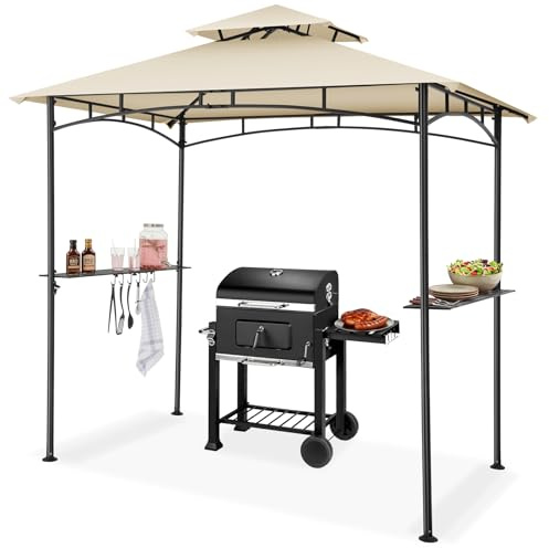 tectake® Grillpavillon, 240 x 150 x 250 cm, wetterfest, Seitenablagen mit Haken, Doppeldachsystem, Grillunterstand, Gartenlaube, outdoor Pavillon, Grillhäuschen, Freiluftpavillon, inkl. Heringe - sand