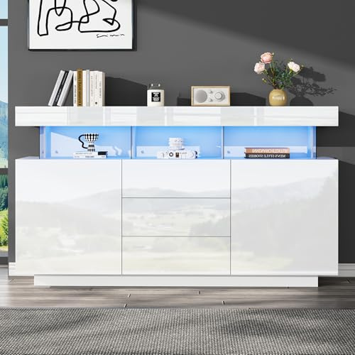 Su & Chan Legence Sideboard Weiss Hochglanz, 140cm Breit Highboard, Weiß | Kommode Weiß Hochglanz 16 farbige LED Beleuchtung, 140x35x80 cm