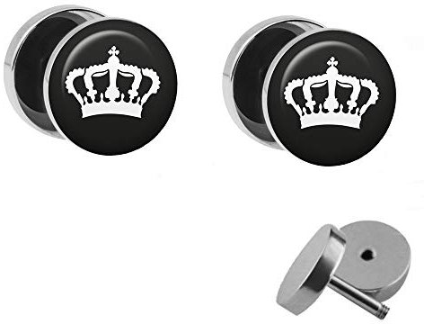 Treuheld | Set - Weisse Krone - 2 Ohrstecker zum Schrauben - SCHWARZ-Weiße Diadem Fake Plugs - Ø 10mm - Ohrringe Fakeplug - Silber Ohrring in Schwarz-Weiß - Chirurgenstahl Faketunnel