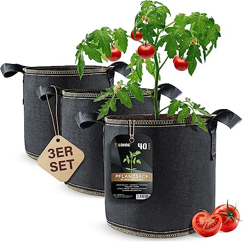 DIYer lohag® Premium Vliesstoff-Pflanzsack - 40 Liter, 3er Pack | Für Kräuter, Blumen, Gemüse & Zimmerpflanzen | Robuste, Wiederverwendbare Pflanzbeutel - Die Gesunde Alternative zum Blumentopf