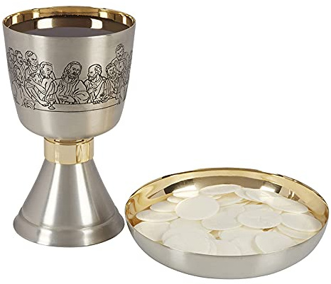 Last Supper Sudbury Brass Etched Chalice and Bowl Paten Set