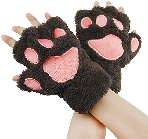 AfinderDE Halbhandschuhe Fingerlos Handschuhe Damen Mädchen Plüsch Halb Handschuhe dicken warmen Fingerhandschue Cartoon Tier Bär Katze Krallen Winterhandschuhe