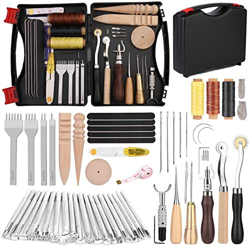 50 Pieces Leather Tools Kit, Leather Tools and Supplies, Leather Working Kits Supplies with Leather Tool Box Prong Punch Edge Beveler Wax Threads Needles Perfect for Stitching Punching Cutting Sewing