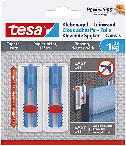 Tesa 77778 Klebenagel Tapeten & Putz-höhenverstellbar-Selbstklebender ideal für Leinwand & Keilrahmen-hält bis 1kg/Nagel-spurlos ablösbar, Weiß (Auf Tapete & Putz | 5er Pack)